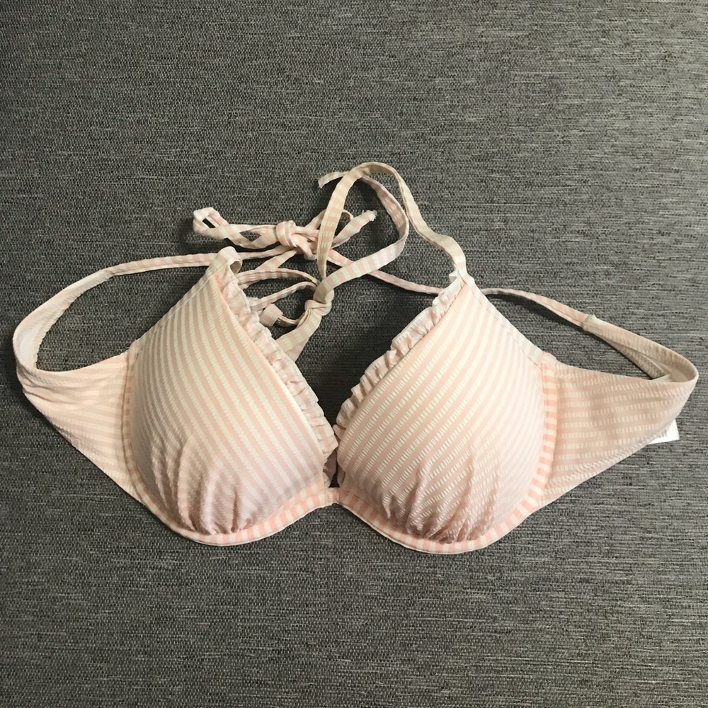 H&M Pink & White Stripe Ruffle Halter Push Up Bikini Top